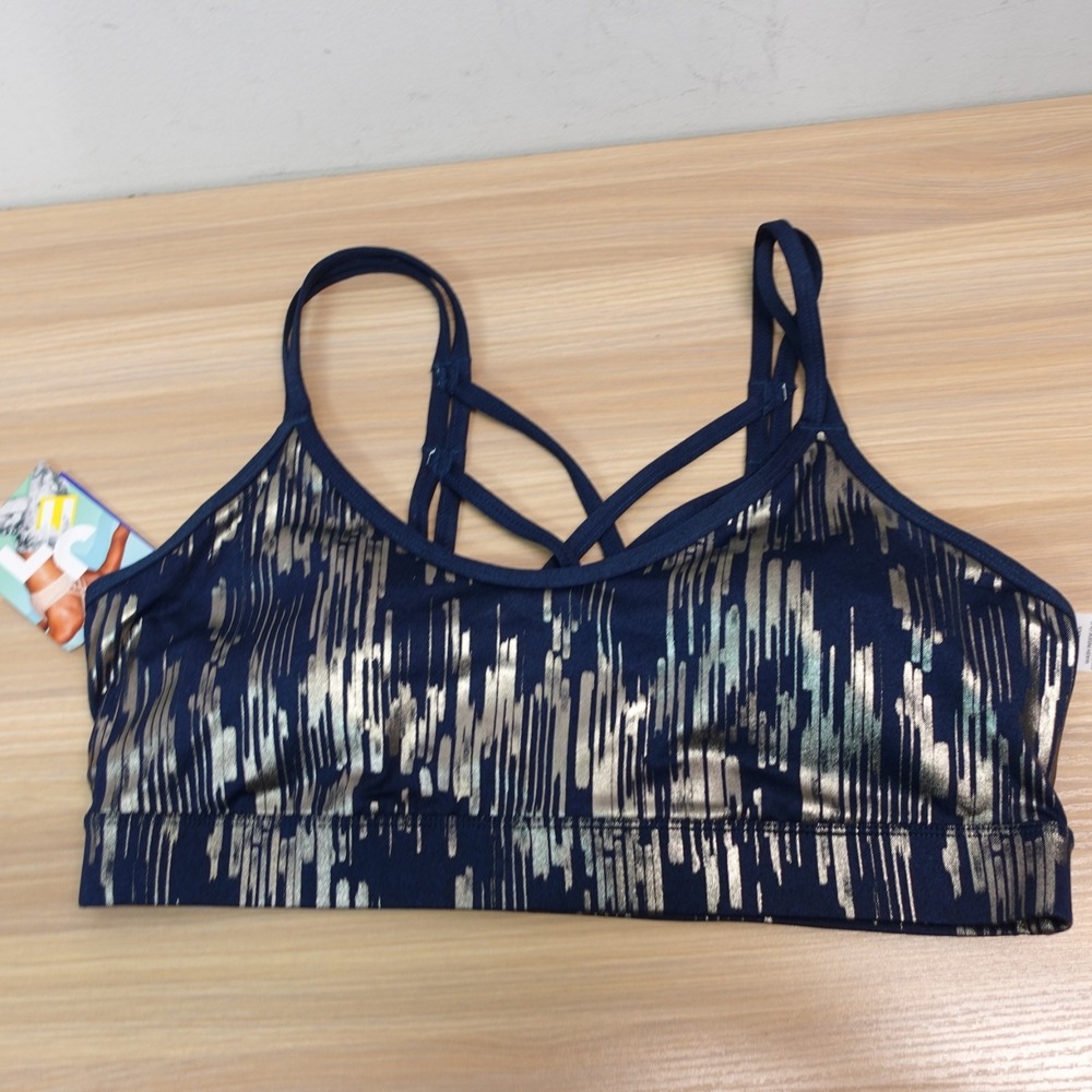 JoyLab Sports Bra XL Womens Blue Gold Metallic Streak Strappy Low Impact NEW